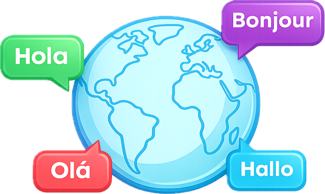Globe illustration with multilingual speech bubbles
